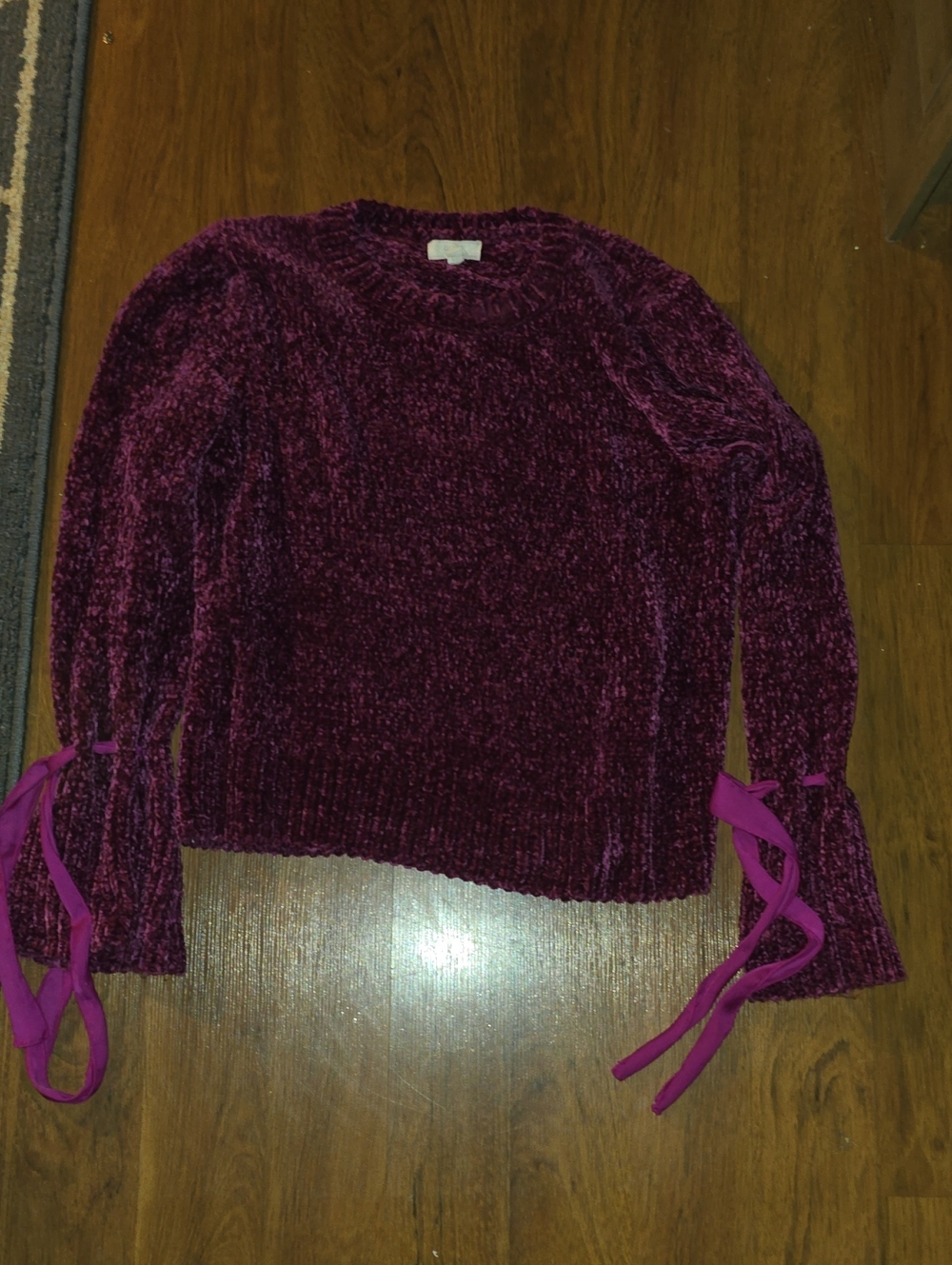 Cupio Plum Chenille Crewneck Sweater with Tie Sleeves